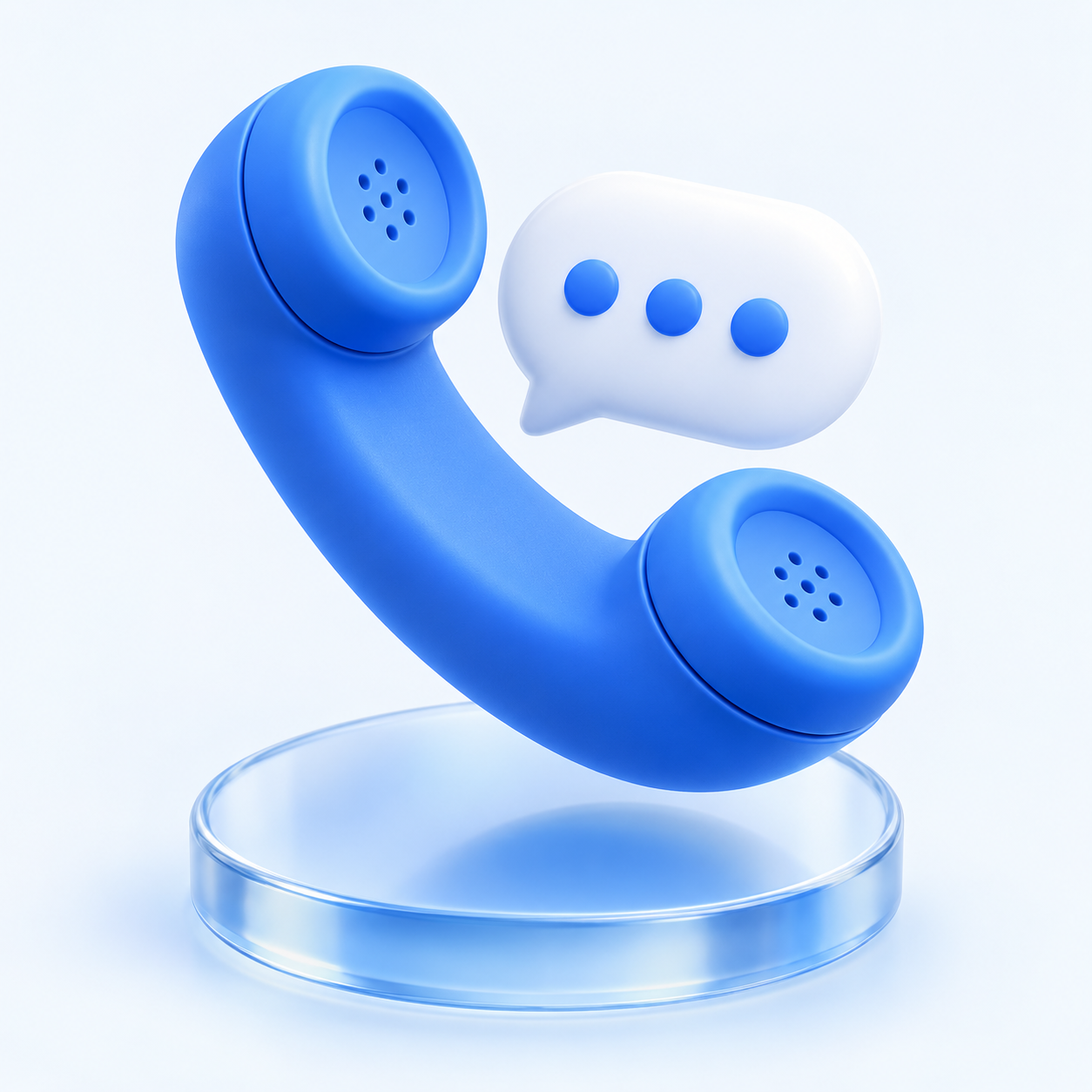 Blauer 3D-Telefonhörer mit Sprechblase auf einer gläsernen Plattform
